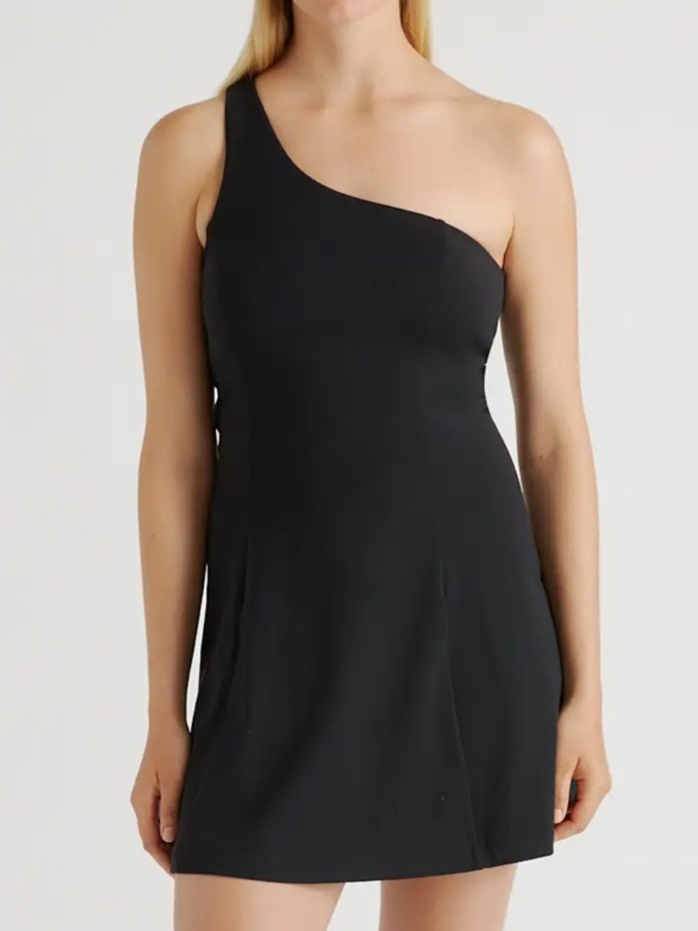 Outdoor Voices Black One-Shoulder A-Line Mini Dress